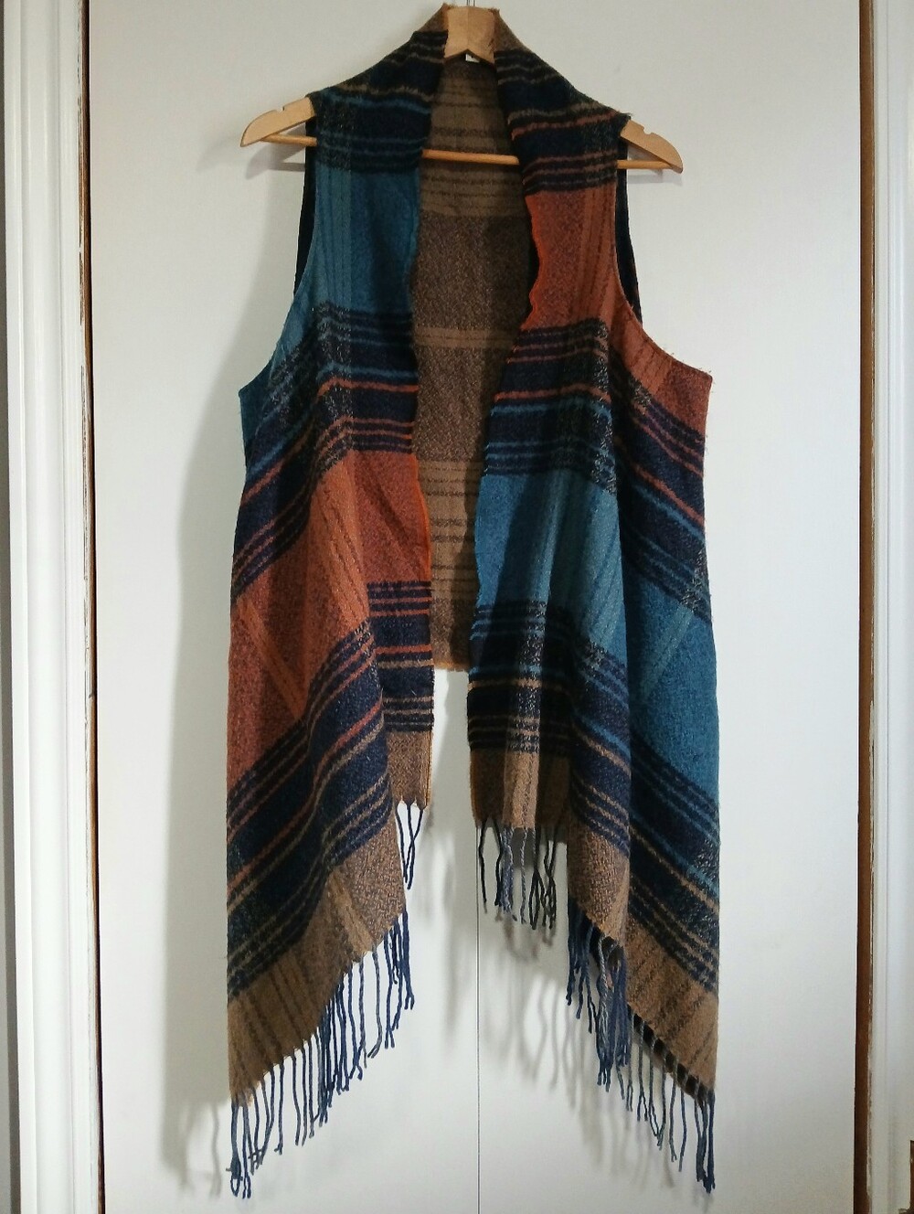 ​Quagga Plaid Fringe Vest Open Front Boho Blanket Wrap Rust Blue OS